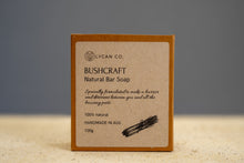 Load image into Gallery viewer, Label of LycanCo Bushcraft Bar Soap listing natural ingredients, including essential oils and aloe vera, on eco-friendly packaging.