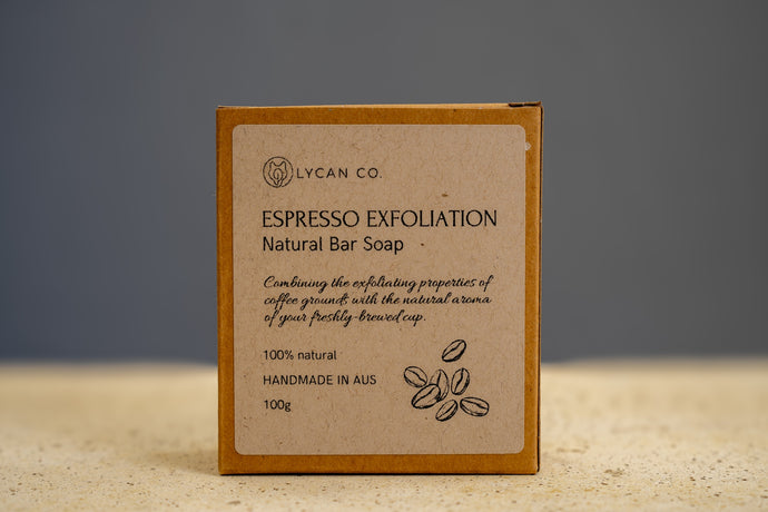 Detailed ingredients list on LycanCo Espresso Exfoliation Bar Soap with coffee grounds for natural exfoliation.
