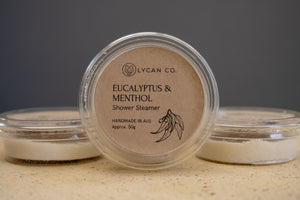 LycanCo Eucalyptus & Menthol Shower Steamer in clear packaging, designed to provide a refreshing and invigorating shower experience.