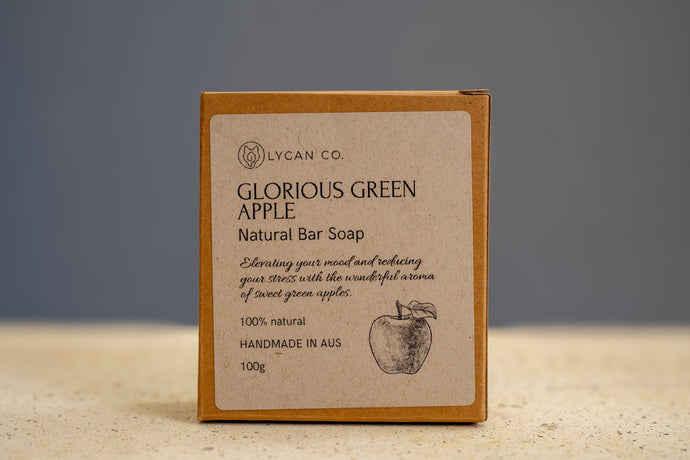 Front label of LycanCo Glorious Green Apple Bar Soap highlighting its fresh green apple essential oils.
