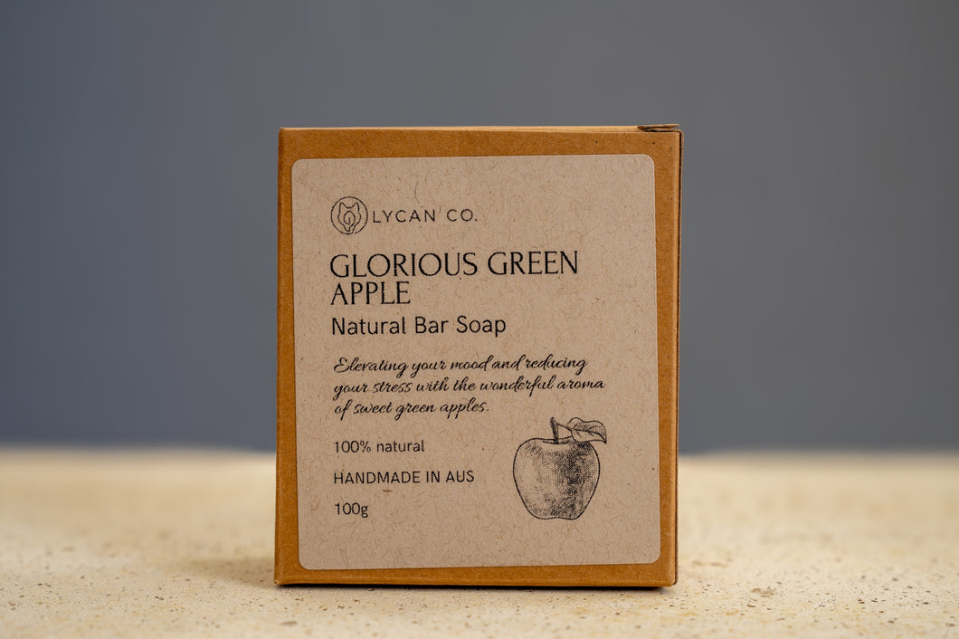 Front label of LycanCo Glorious Green Apple Bar Soap highlighting its fresh green apple essential oils.
