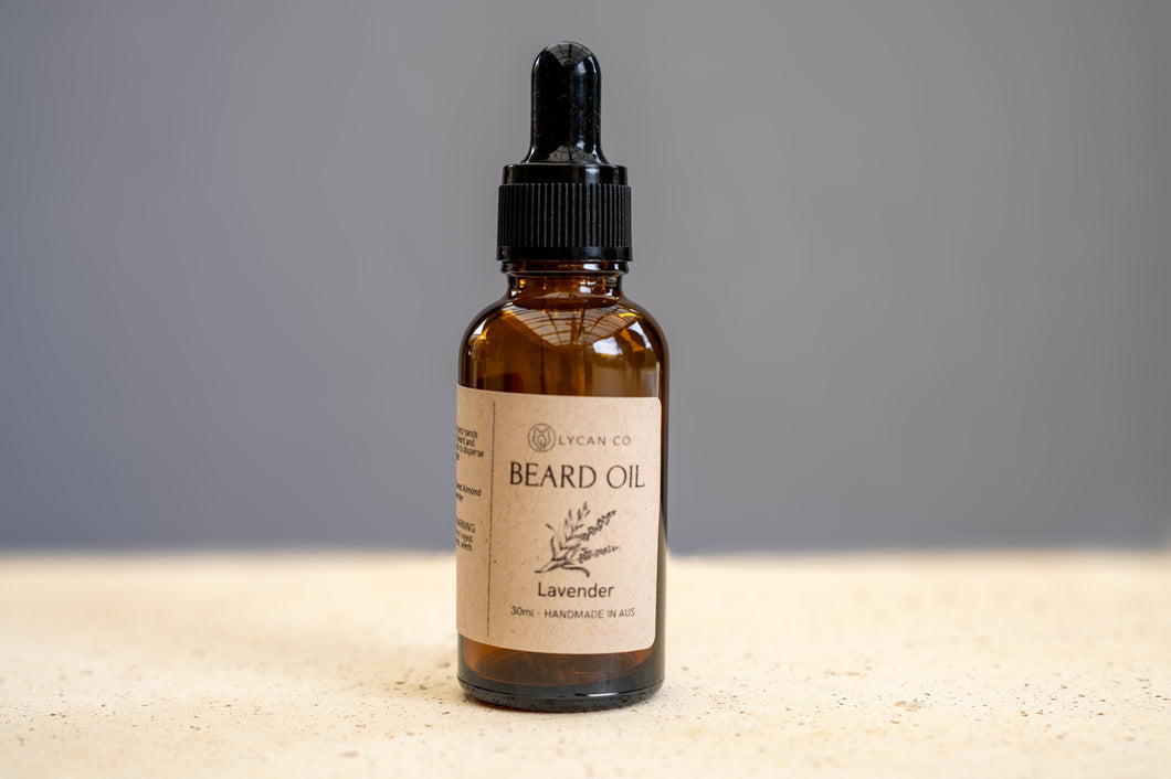 Sleek bottle of LycanCo Lavender Beard Oil, emphasizing its calming aroma.