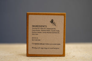  Back label on LycanCo Lovely Lemon Myrtle Bar Soap, featuring lemon myrtle for a refreshing scent.