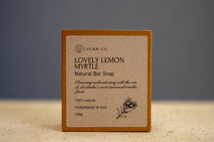 Ingredients display on LycanCo Lovely Lemon Myrtle Bar Soap, featuring lemon myrtle for a refreshing scent.
