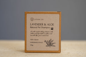 Ingredients label on LycanCo Lavender and Aloe Vera Shampoo Bar, highlighting soothing lavender and moisturizing aloe vera for pets, on sustainable paper.