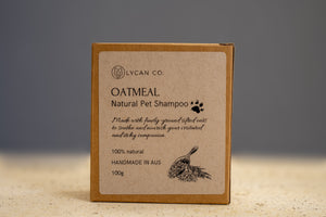 Detailed ingredients list on LycanCo Oatmeal Shampoo Bar showing oatmeal's benefits for pet skin, packed in environmentally friendly material.