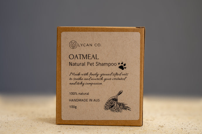 Detailed ingredients list on LycanCo Oatmeal Shampoo Bar showing oatmeal's benefits for pet skin, packed in environmentally friendly material.