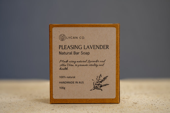 Label of LycanCo Pleasing Lavender Bar Soap showcasing its calming lavender essential oil blend.