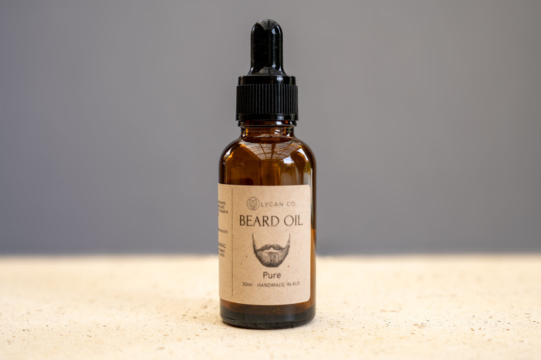 Bottle of LycanCo Pure Unscented Beard Oil, ideal for sensitive skin, shown on a simple, clean background.