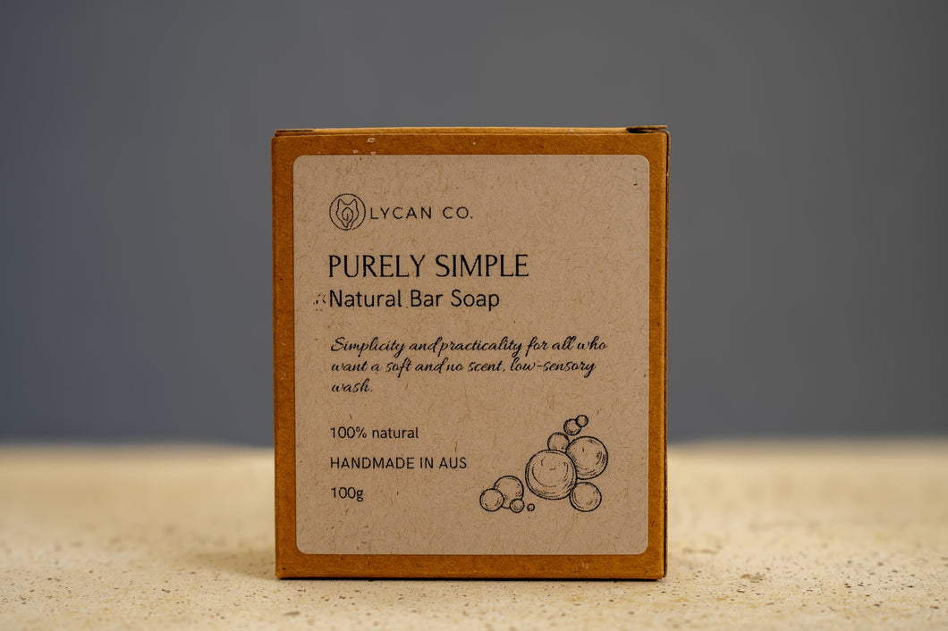 LycanCo Purely Simple Bar Soap label detailing its unscented, hypoallergenic formula with natural oils.