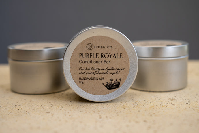 Elegant Purple Royale Conditioner Bar by LycanCo in a metallic tin, crafted for color-treated hair to enhance vibrancy and shine.