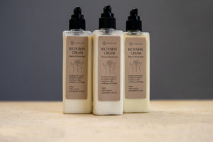 Three bottles of LycanCo Rich Skin Cream displayed side by side, formulated for intense hydration and skin nourishment.