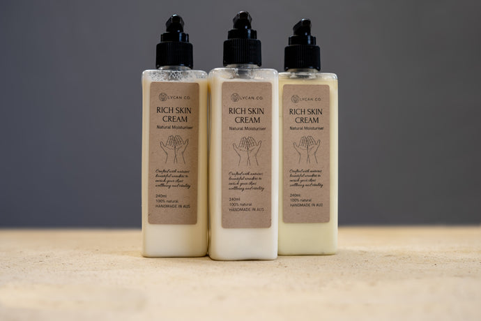 Three bottles of LycanCo Rich Skin Cream displayed side by side, formulated for intense hydration and skin nourishment.