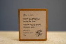 Load image into Gallery viewer, Natural ingredient list on LycanCo Rosy Geranium Bar Soap, perfect for soothing and hydrating skin.