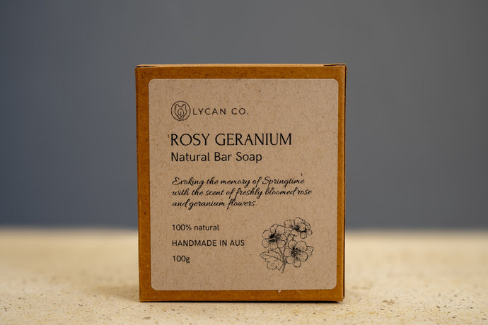 Natural ingredient list on LycanCo Rosy Geranium Bar Soap, perfect for soothing and hydrating skin.