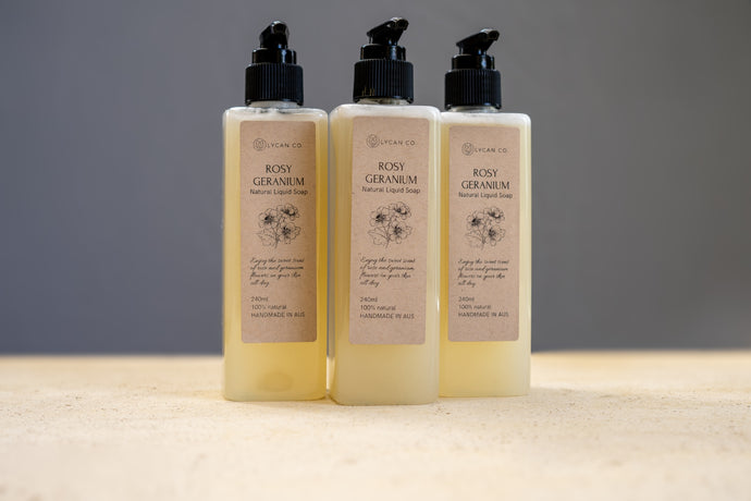 LycanCo Rosy Geranium Liquid Soap in three neatly arranged bottles, showcasing their vibrant and floral geranium formula.