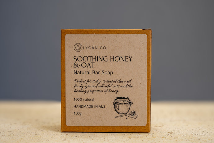 LycanCo Soothing Oatmeal Bar Soap packaging displaying oatmeal and aloe vera for gentle exfoliation.