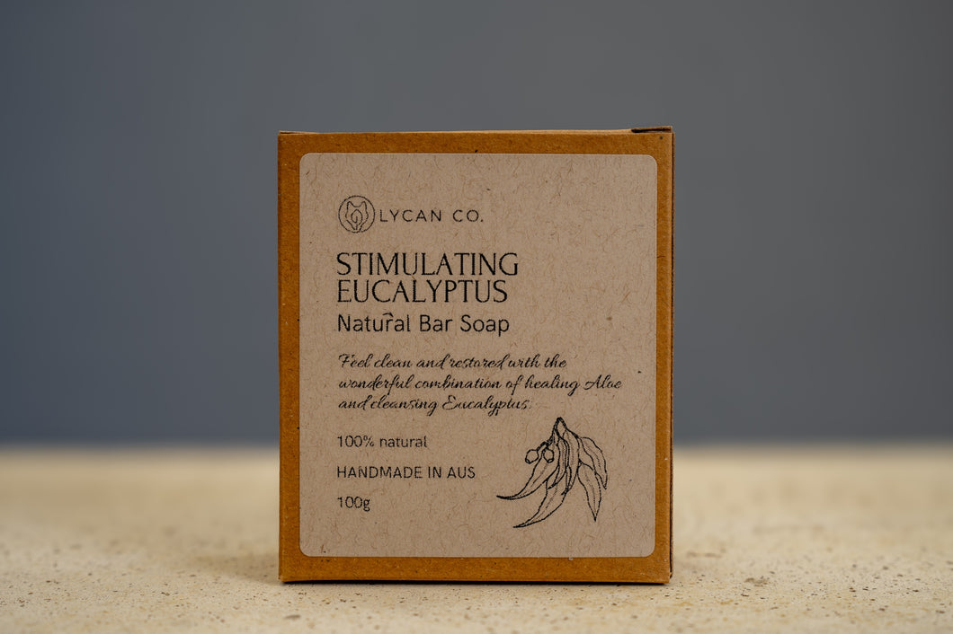 Front view of LycanCo Stimulating Eucalyptus Bar Soap with eucalyptus oil listed for invigorating effects.