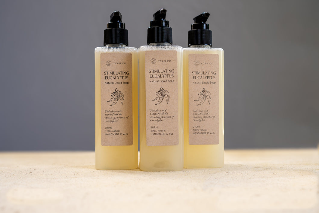 Set of three LycanCo Stimulating Eucalyptus Liquid Soap bottles, featuring a refreshing and invigorating eucalyptus scent.